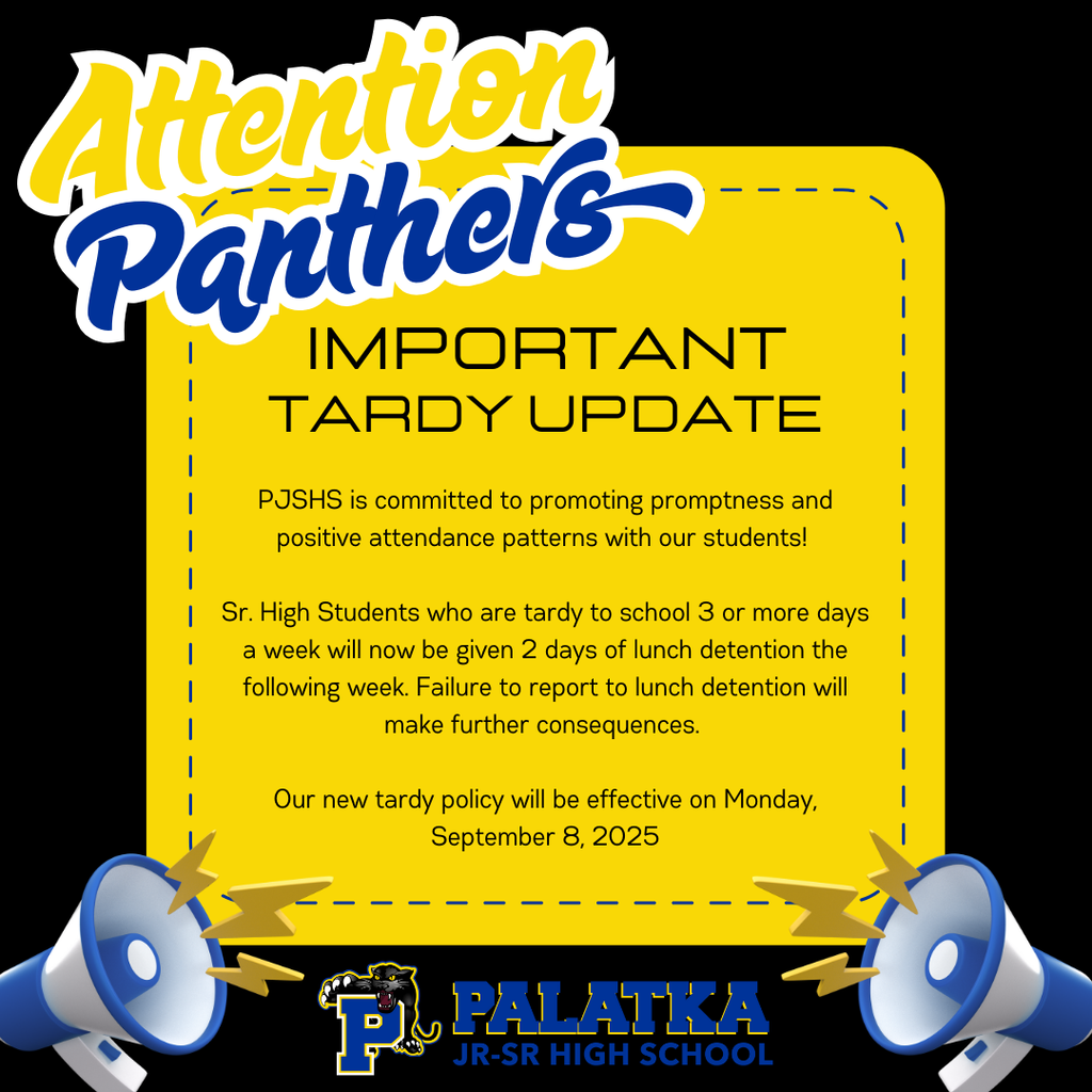 Sr. High Students who are tardy to school 3 or more days a week will now be given 2 days of lunch detention the following week. Failure to report to lunch detention will make further consequences.   Our new tardy policy will be effective on Monday, September 8, 2025