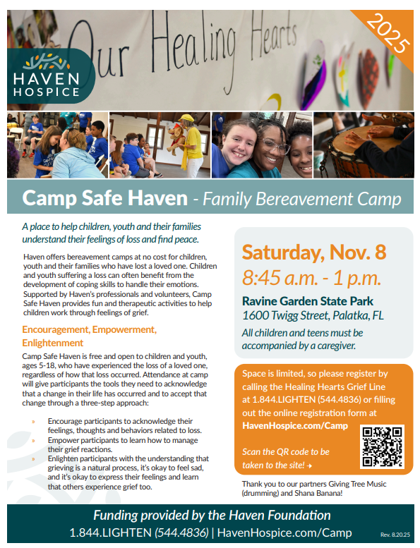 Camp Safe Haven Family Bereavement Camp - Sat Nov 8 8:45-1 @ Ravine Garden State Park 