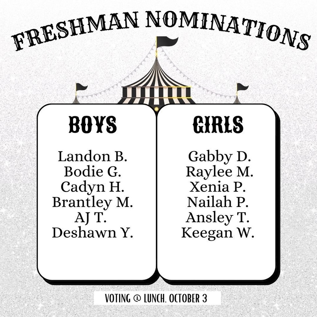Freshman - Boys: Landon B, Bodie G, Cadyn H, Brantley M, AJ T, Deshawn Y - Girls: Gabby D, Raylee M, Xenia P, Nailah P, Ansley T, Keegan W