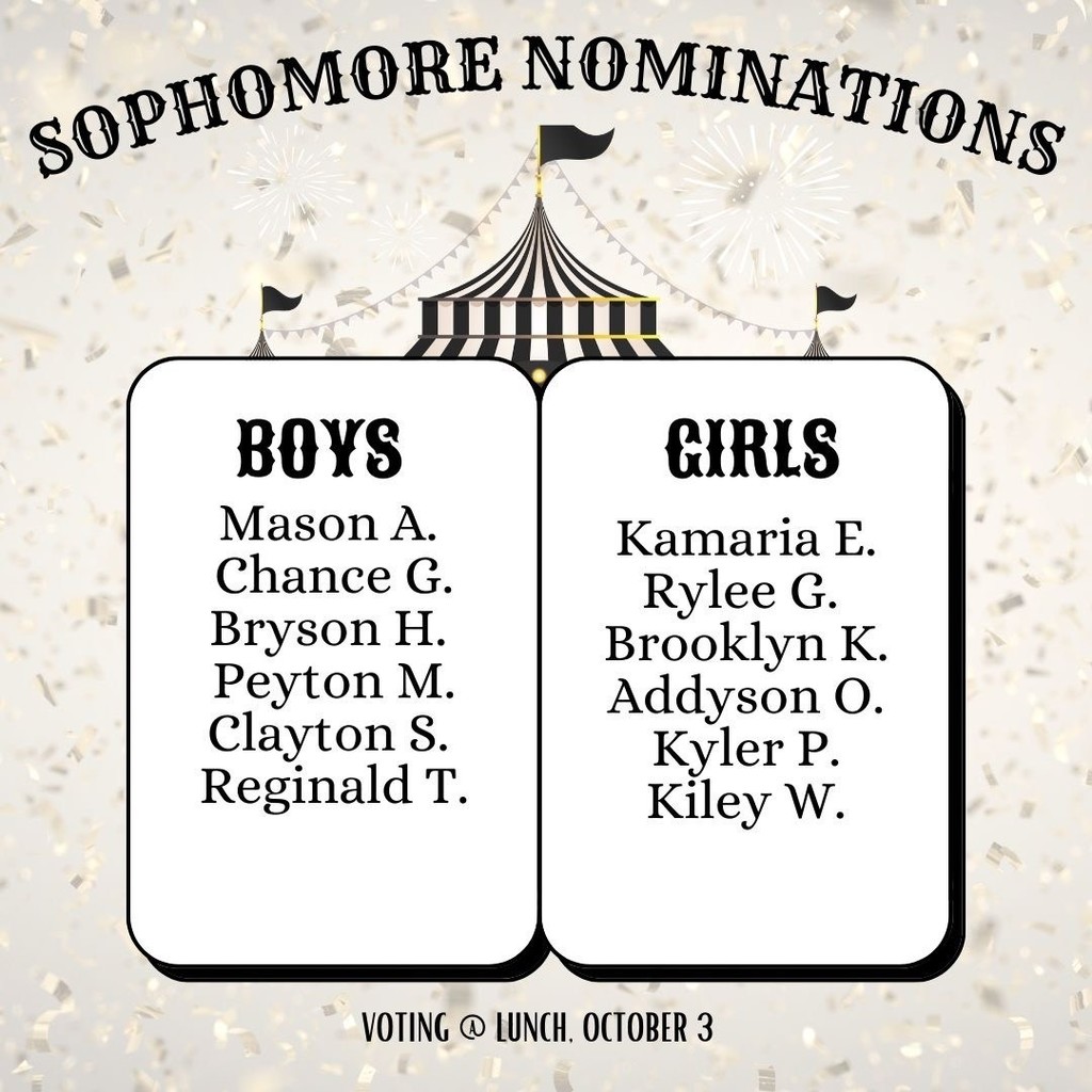 Sophomores - Boys: Mason A, Chance G, Bryson H, Peyton M, Clayton S, Reginald T - Girls: Kamaria E, Rylee G, Brooklyn K, Addyson O, Kyler P, Kiley W
