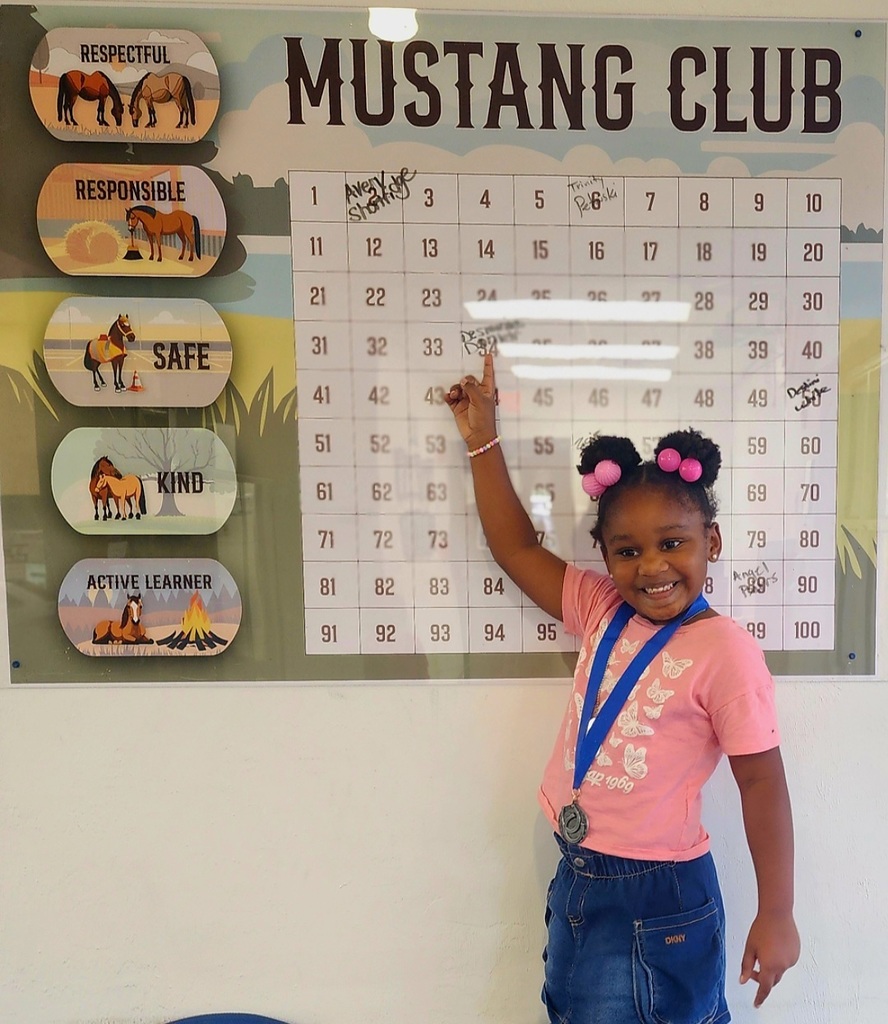 Picture of girl in pink shirt, pointing to the Mustang Club board.