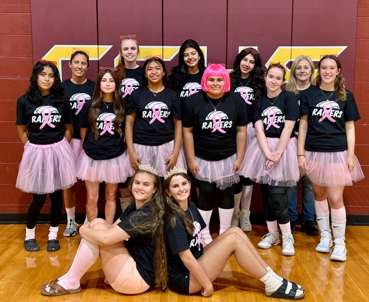 Pink out picture of the varsity volleyball team.