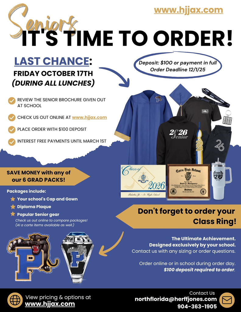 Information about ordering graduation packages and class rings at - Junior Class Ring Catalog: https://online.flippingbook.com/view/565679795/ Senior Cap/Gown Catalog: https://online.flippingbook.com/view/566228139/