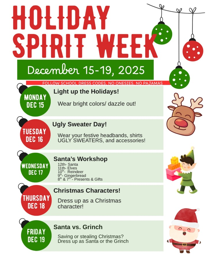 Spirit week descriptions for the week of December 15th