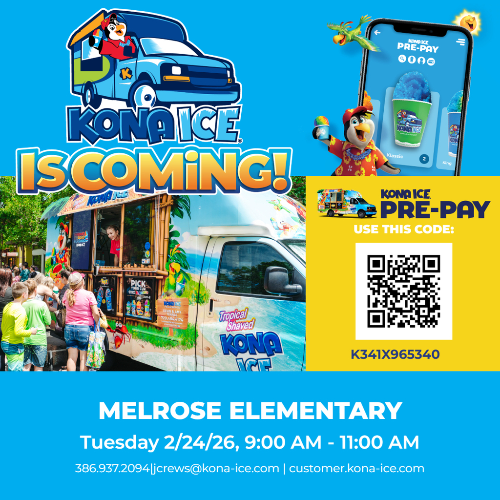 Flyer for Kona Ice with QR code to purchase online.  Kona Ice will be here Tuesday 2/24/26 9-11.