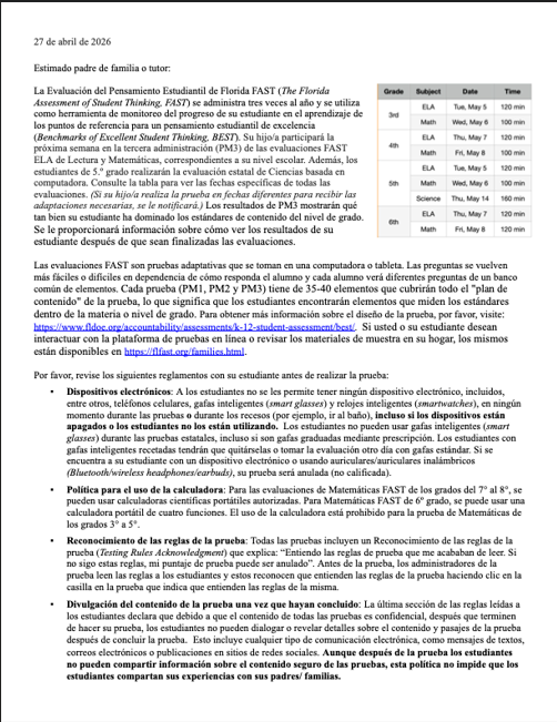 Parent Test Letter-Spanish 2026