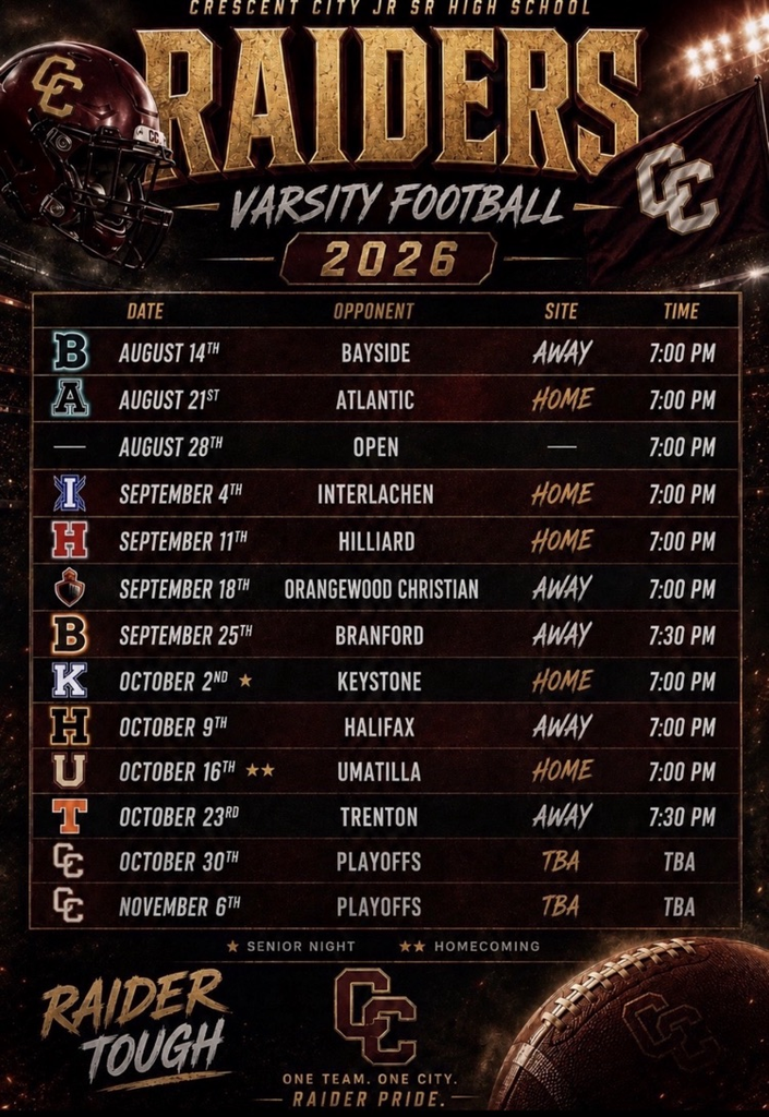 Varsity football schedule.