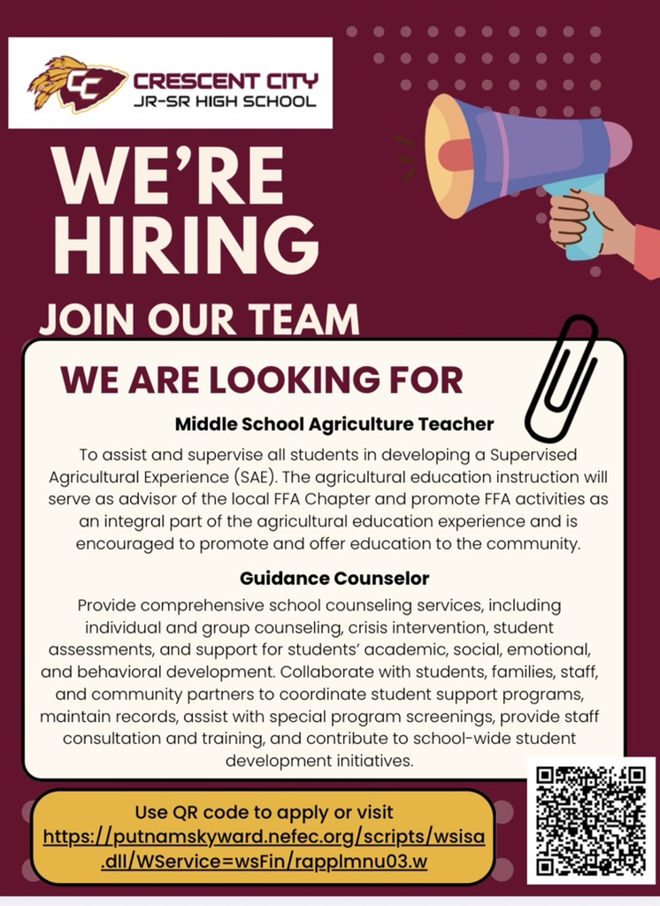 seeking applicants for a Middle School AG Teacher and a Guidance Counselor