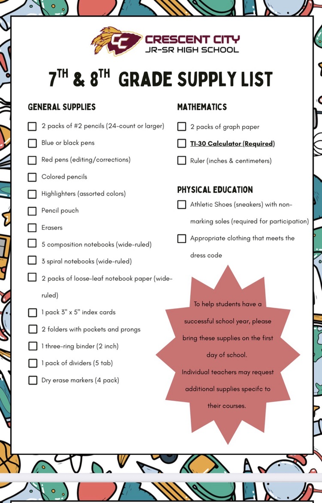 7th and 8th Grade Student Supply List