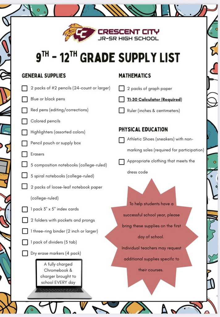 9th-12th Grade Student Supply List