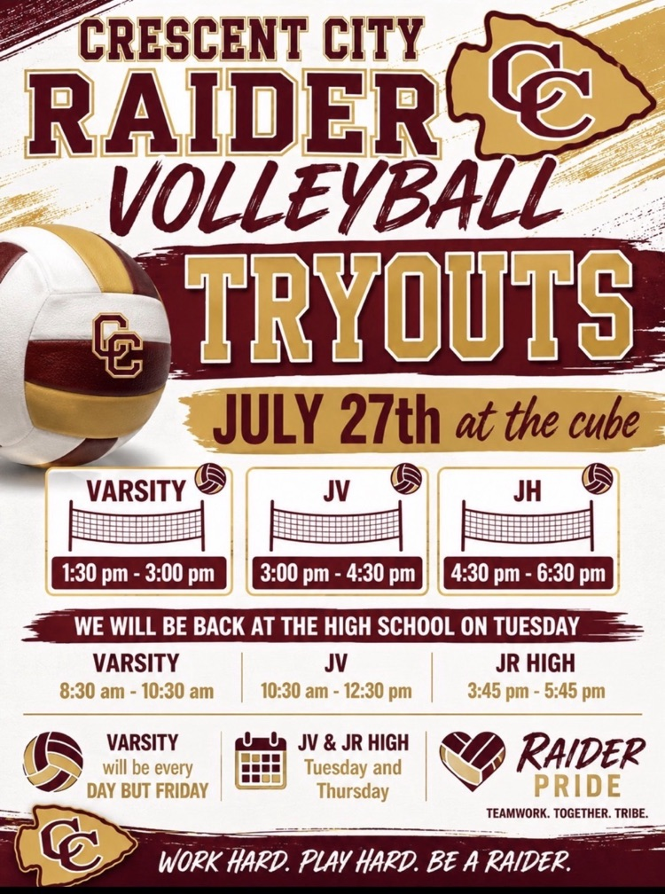 Volleyball try-outs start Monday at the Cube, then they are back at the high school on Tuesday.  Varsity try-outs on Monday are 1:30-3:00p.m.  JV try-outs are 3:00-4:30p.m.  Junior High try-outs are 4:30-6:30p.m.
