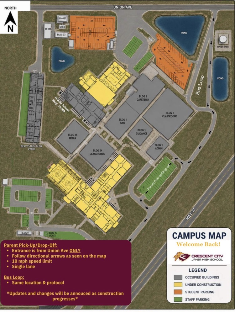 site map of where students park as well as the change in parent pick-up.