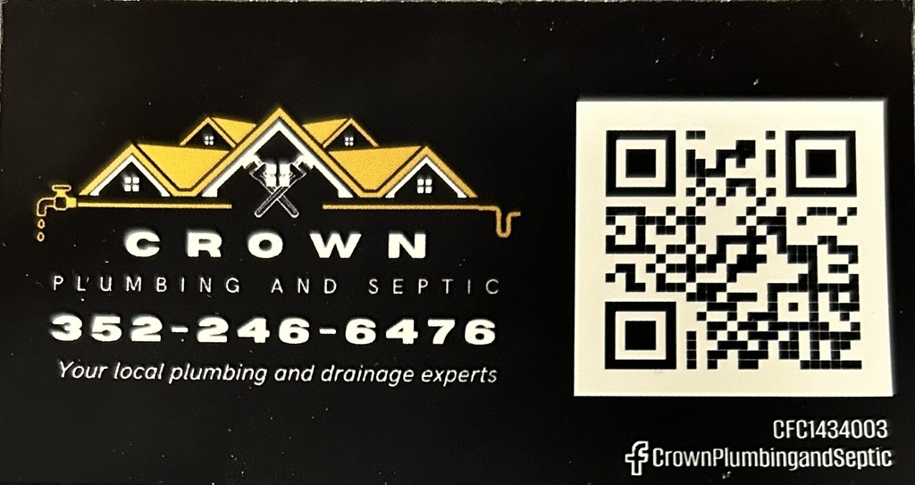 Business card for Crown Plumbing and Septic with a QR code and phone number 352-246-6476.