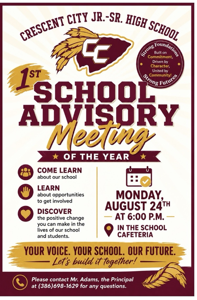 SAC Meeting on Monday, August 24th at 6pm in the cafeteria. Come learn about our school and how to get involved.