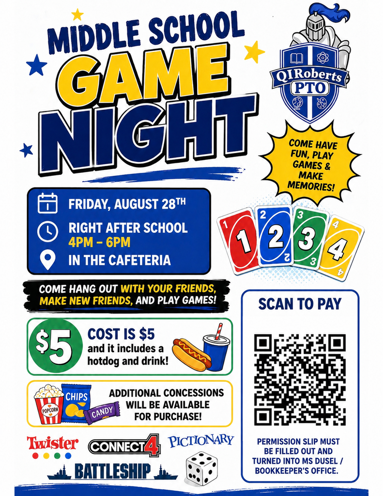 Middle School Game Night Friday at 4:00-6:00. $5 gets you a hotdog and drink and two hours of fun with your friends.