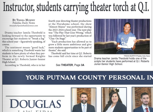 Knights Theater is getting a lot of attention! Read all about it in today's Palatka Daily News! We are so excited for our season to start with Steel Magnolias in February. #ExcellenceInAllEndeavors #WeAreQI