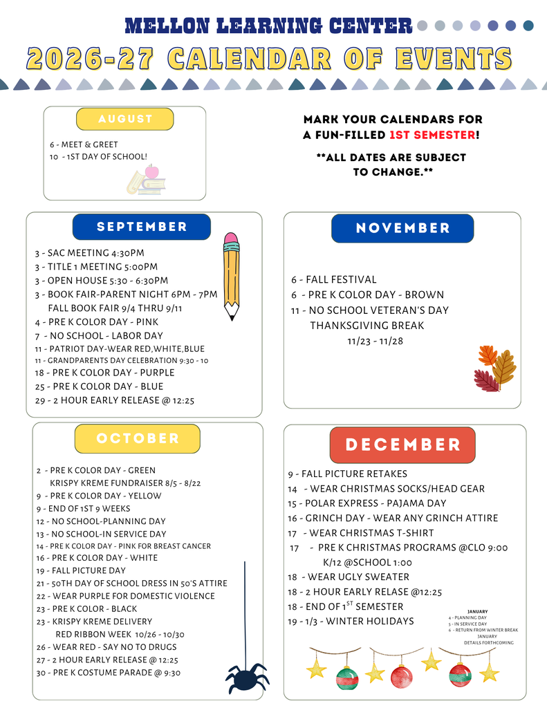 1st semester calendar