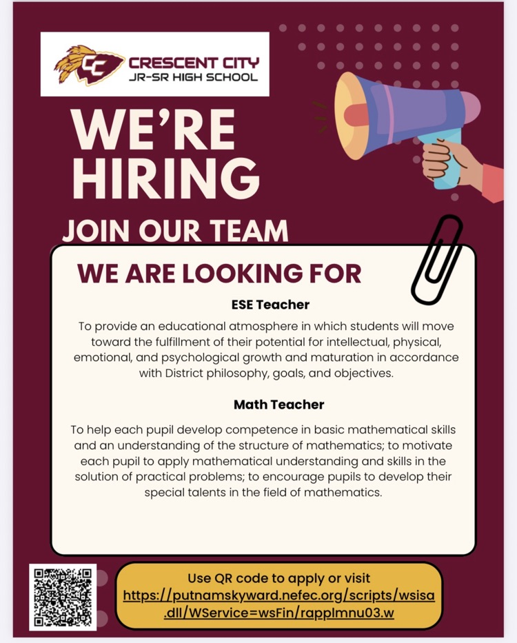 Algebra Posting and an ESE vacancy posting here at CCJSHS.  The picture gives the requirements if interested..