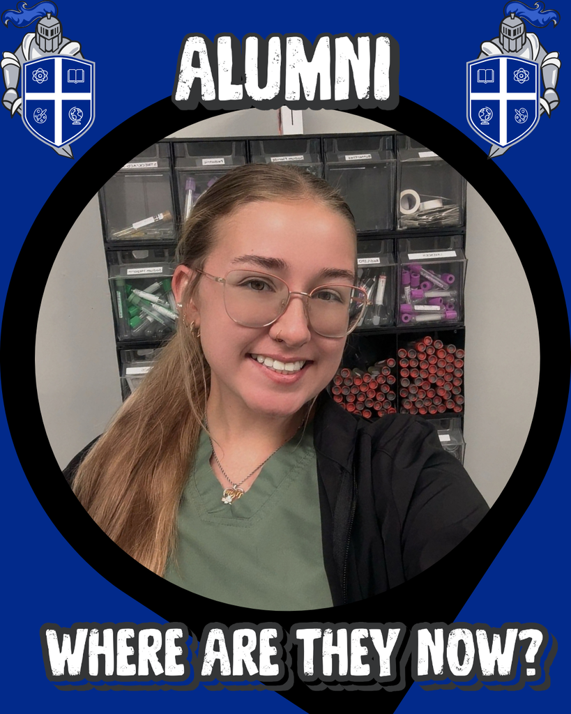 Alt-Text: Graphic featuring a photo of Q.I. Roberts alumna Victoria Czarkowski (Masteller) framed in blue and silver, with text highlighting her graduation year, career in phlebotomy, and quote about personal growth.