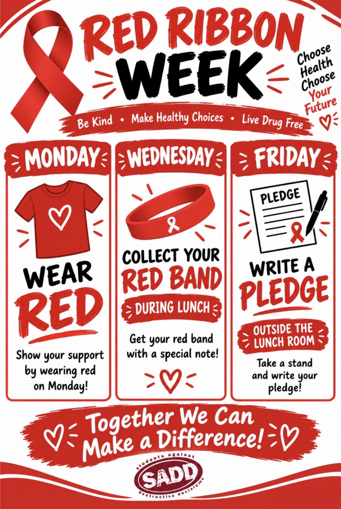 Red Ribbon Week activities for Monday, Wednesday, and Friday.