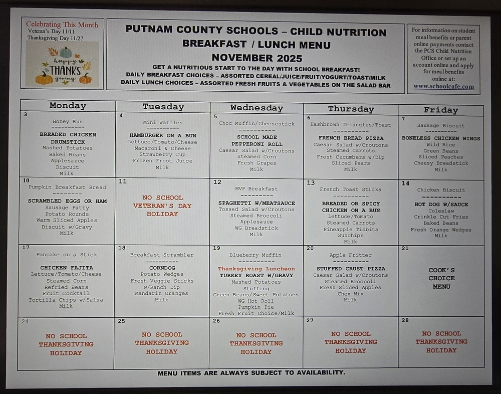 Putnam County Schools Menu for the month of November
