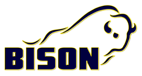 Blue and gold bison outline with BISON text- school logo