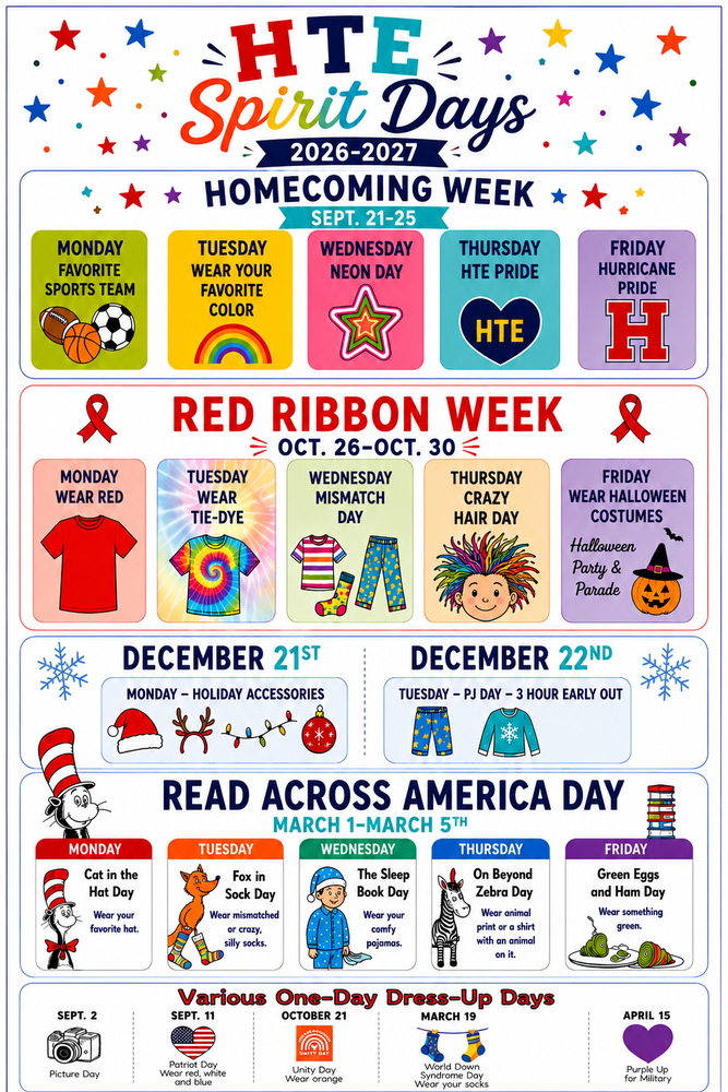 List of Dress Up Days at Hurricane Town Elementary. Every date has been added to the calendar. 