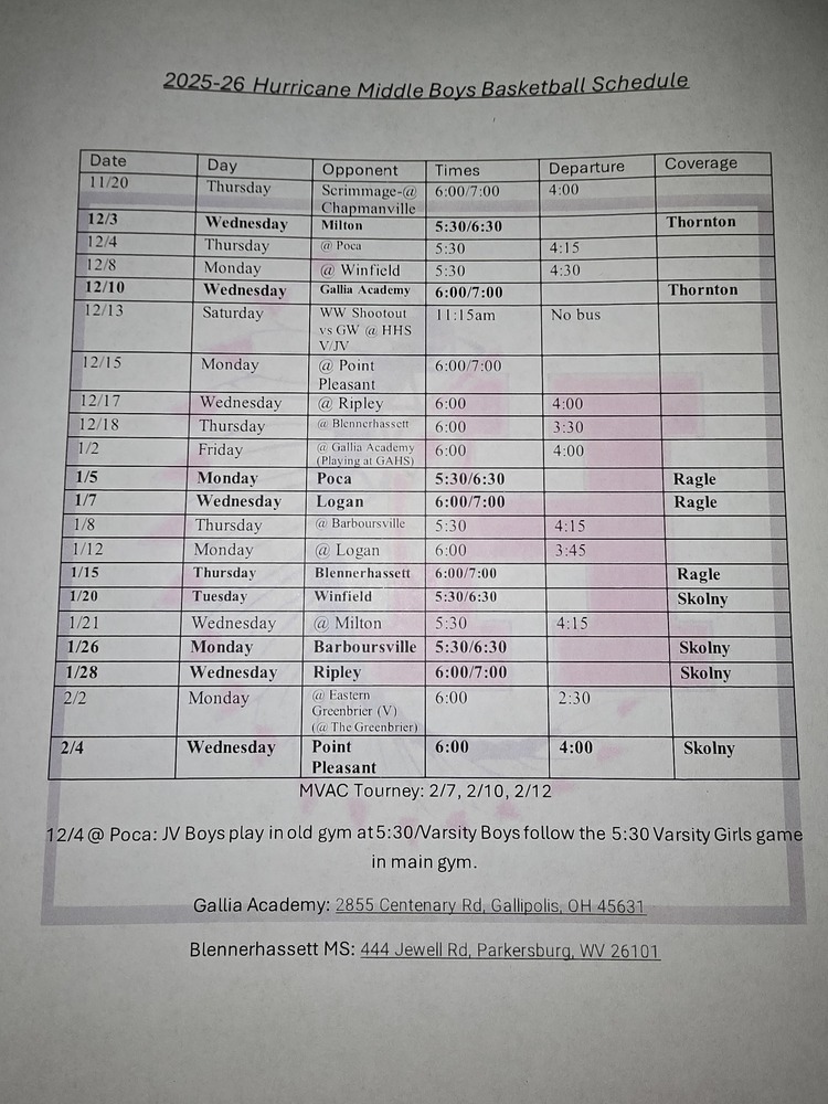 2025 - 2026 HMS Boys Basketball Schedule