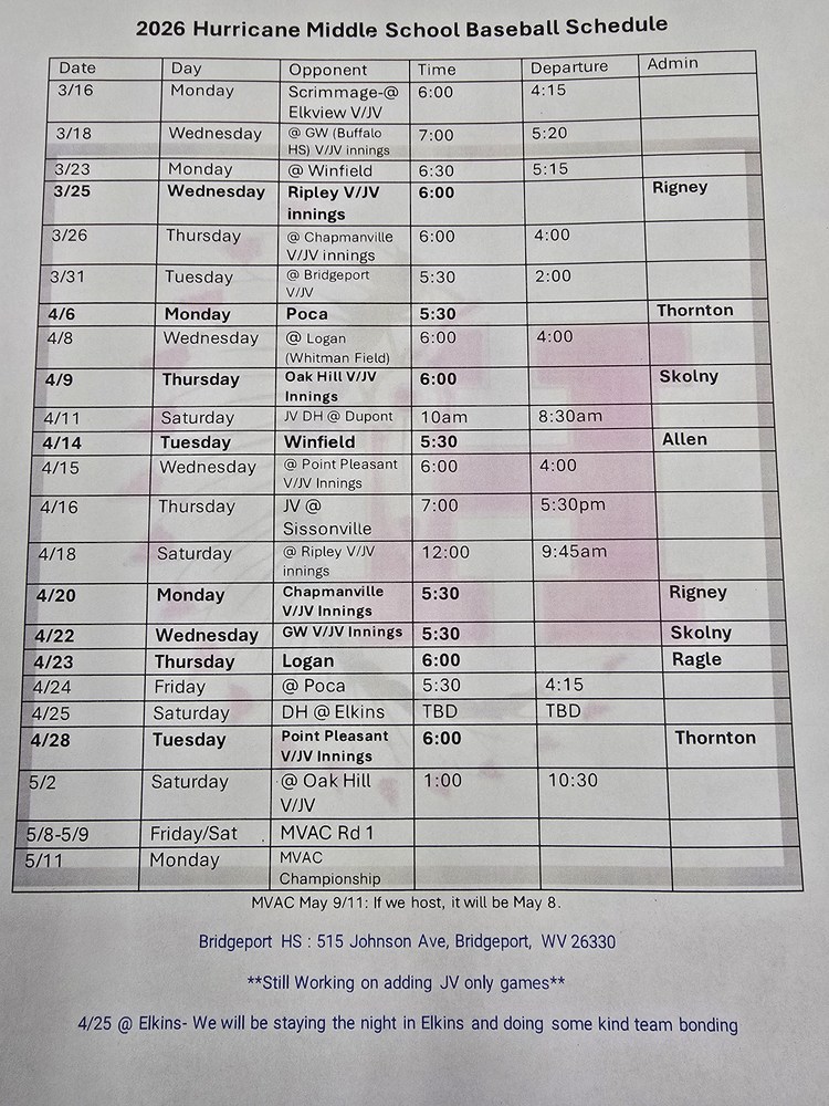 2026 HMS Baseball Schedule