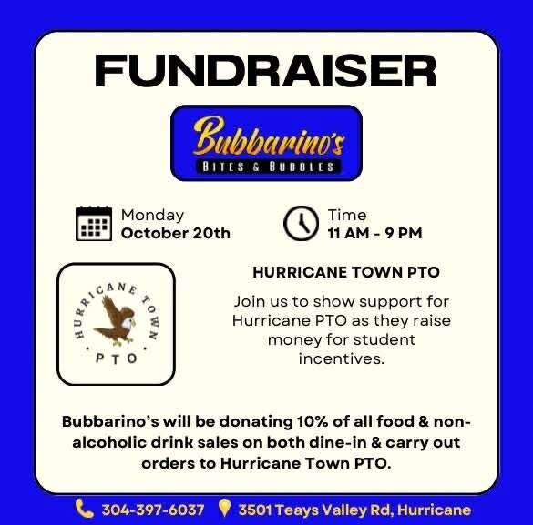 Eat at Bubbarino's Oct. 20th. PTO will get 20% of all sales except alcohol