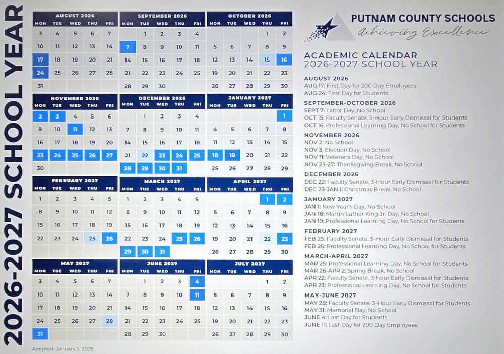 Parent-friendly 2026 - 2027 School Calendar for Putnam County Schools