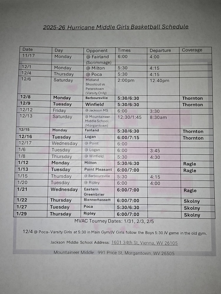 2025 - 2026 HMS Girls Basketball Schedule