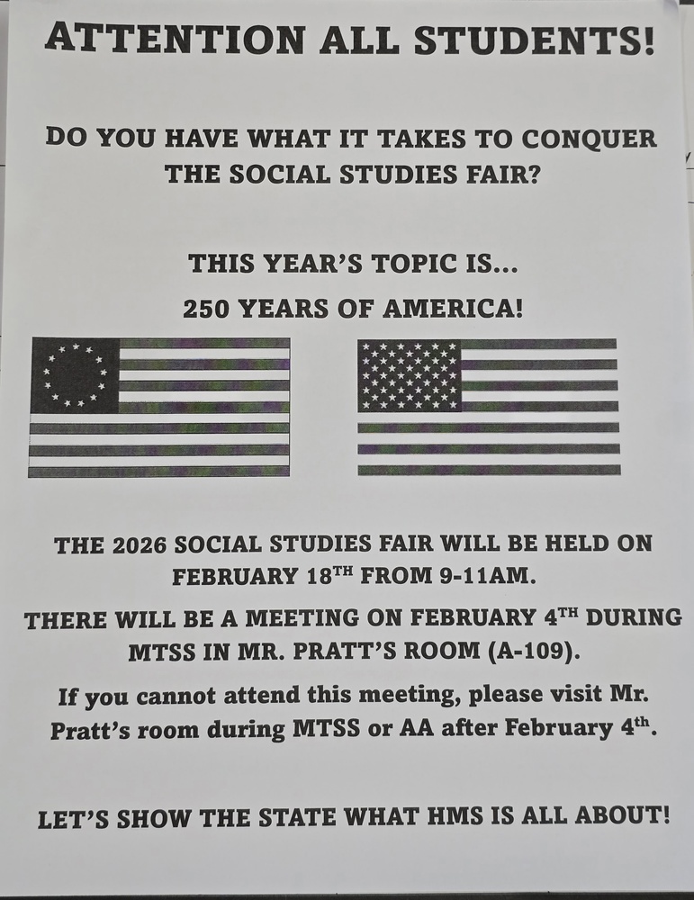 Information about the 2026 Social Studies Fair at Hurricane Middle School. Meeting on February 4 in Mr. Pratt's roomduring MTSS. The school fair will be February 18th.