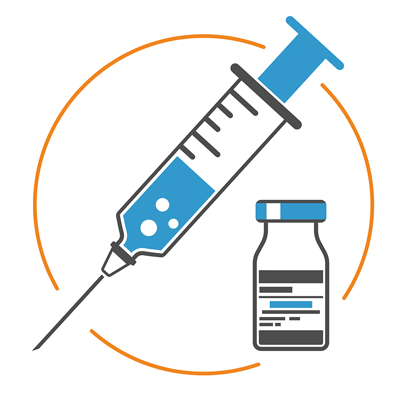 blue syringe with vaccine bottle