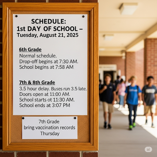 Schedule 1st day of school Tuesday, August 21, 2025 6th Grade: Normal schedule Drop-off begins at 7:30 AM, school begins at 7:58 7th & 8th Grade: have a 3.5 hour delay, buses run 3.5 hours late. Doors open at 11AM. School starts at 11:30AM. School ends at 3:07. 7th Grade bring vaccination records Thursday.