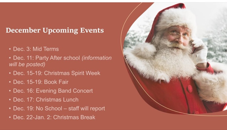 December events  12/3 midterms; 12/19 - Jan. 2 Christmas Break 