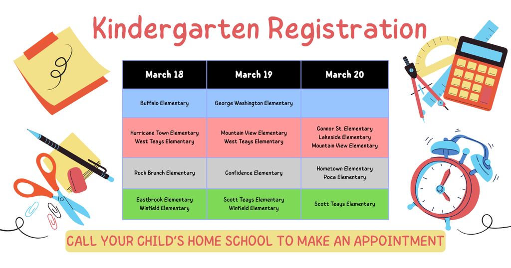 graphic detailing the days to sign up for Kindergarten registration for Putnam County Schools
