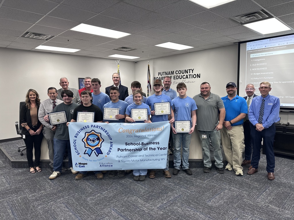 🌟 A Night of Recognition at the Putnam County Schools Board Meeting 🌟 At our April 21 Board Meeting, we were proud to celebrate the incredible achievements of our students and community partners. The evening included recognition of our Young Writers winners for their creativity and talent, Hurricane High School for their Class AAAA state championship victories in soccer and golf, and Putnam Career & Technical Center for receiving the School Business Partnership Award in collaboration with Toyota. We are grateful for the hard work, dedication, and partnerships that make these accomplishments possible. Congratulations to all who were recognized—we are Putnam Proud! 🎉