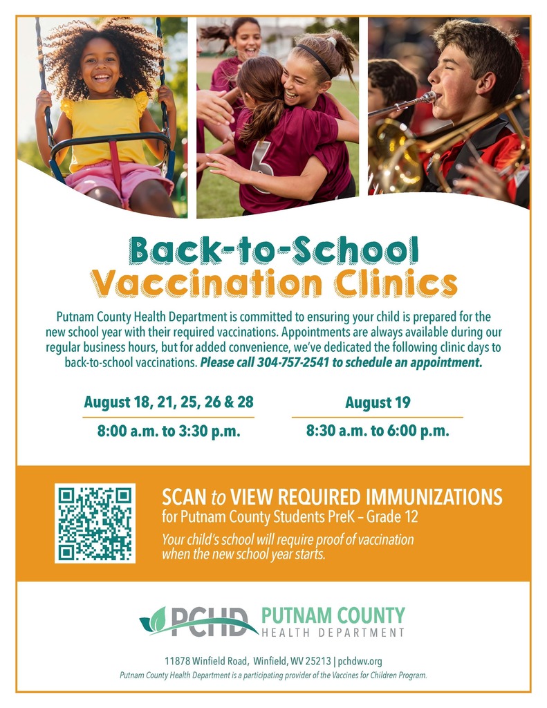 📚✏️ Back-to-School Immunization Clinics Get your student ready for the new school year! The Putnam County Health Department is offering designated clinic days to help families stay up to date on required vaccinations. 📅 August 18, 19, 21, 25, 26 & 28 📍 Putnam County Health Department 📞 Call 304-757-2541 to schedule your appointment ✅ Vaccines are required for students PreK–12 — don’t wait!