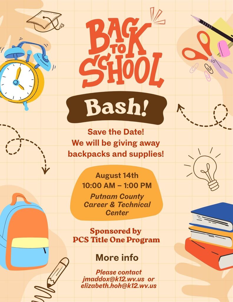 📚✏️ Back to School Bash – Save the Date! 🎒🎉 Putnam County Schools is excited to welcome students and families to our Back to School Bash! 🗓 August 14th ⏰ 10:00 AM – 1:00 PM 📍 Putnam County Career & Technical Center Join us as we kick off the new school year! We’ll be giving away backpacks and school supplies to help students start the year strong. This event is proudly sponsored by the PCS Title One Program. We can’t wait to see you there! 💙💛
