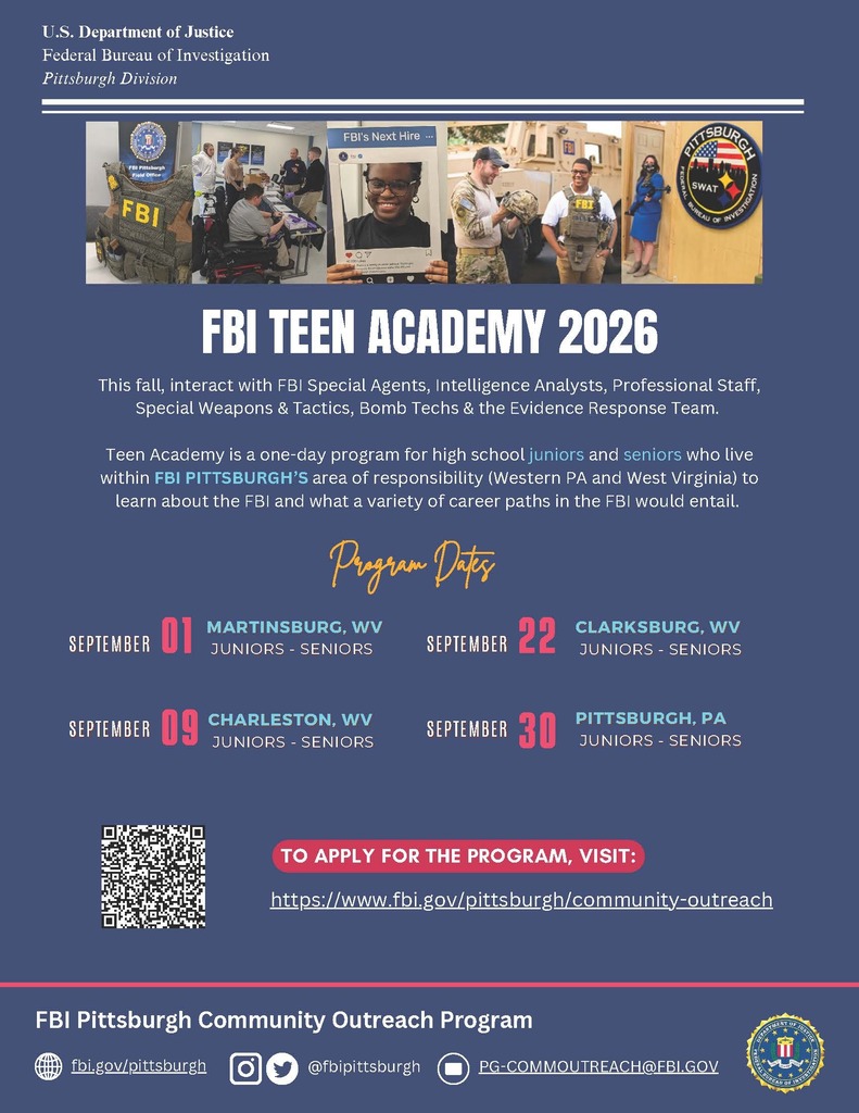 Putnam County Schools would like to share an opportunity for high school juniors and seniors—the 2026 FBI Teen Academy. This one-day program allows students to learn about the FBI, interact with professionals, and explore potential career paths in law enforcement and related fields. 📍 Open to students in West Virginia, with sessions offered in multiple locations 🗓️ Dates available throughout September Students interested in applying can learn more here: https://www.fbi.gov/pittsburgh/community-outreach
