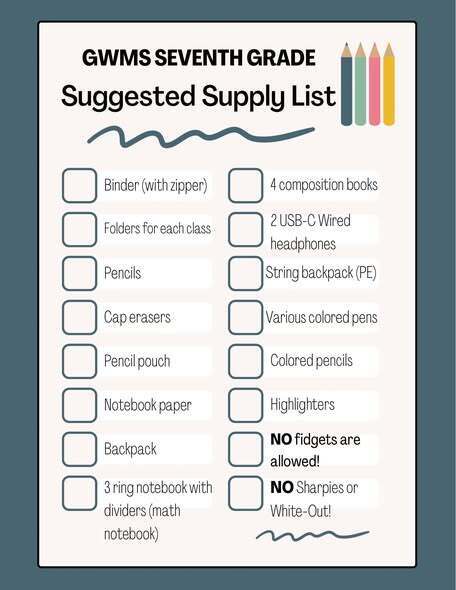 7th Grade Supply List