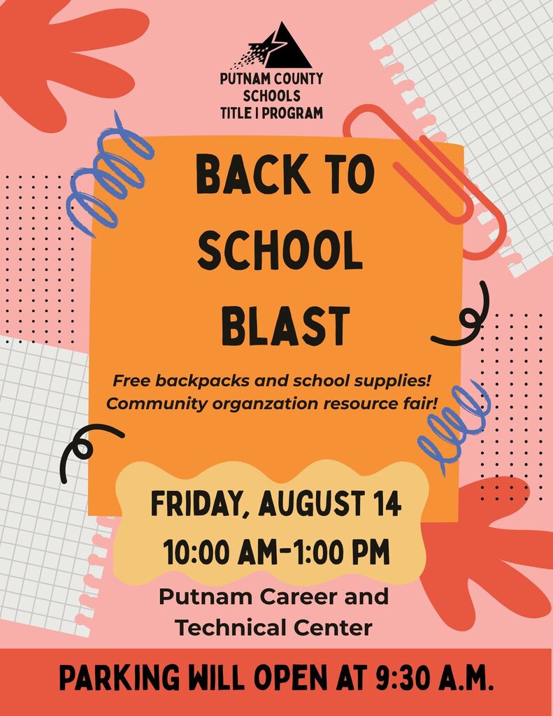 📚🎉 Get ready, Putnam County! The Back to School Blast is almost here! 🎉📚 Join us on Friday, August 14 from 10:00 AM to 1:00 PM at the Putnam Career & Technical Center for a day filled with: 🎒 FREE backpacks ✏️ FREE school supplies 🤝 Community resource fair 😊 Family-friendly fun and support Whether you're gearing up for the first day of school or looking to connect with local resources, we've got you covered! 🚗 Parking opens at 9:30 AM We can't wait to kick off the school year with you! 🍎📓