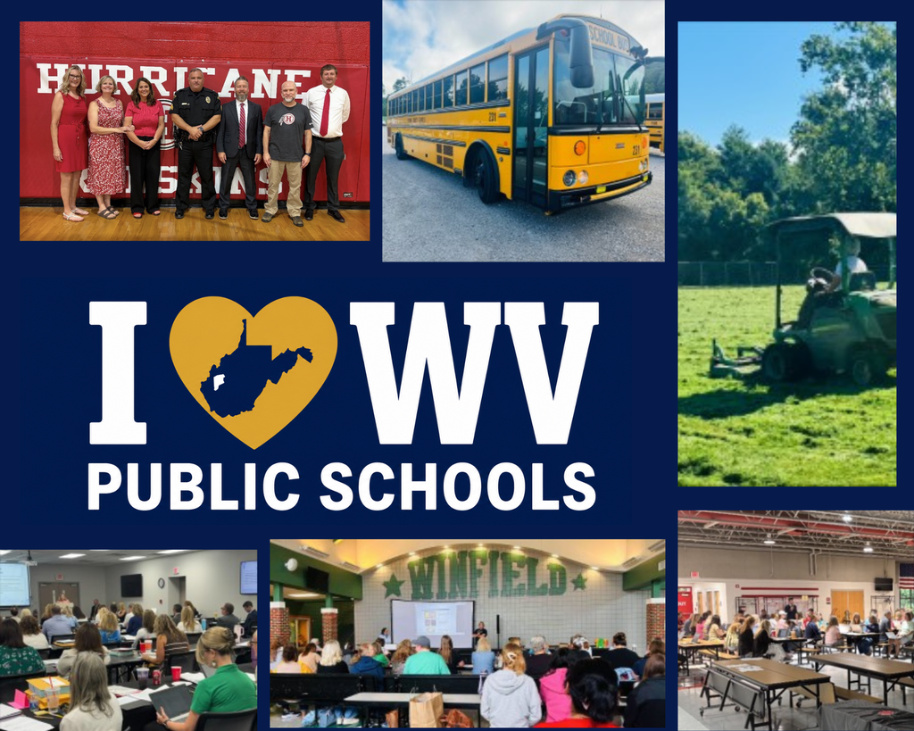 I love WV public schools logo, hms leadership team, staff in meetings, mowing grass