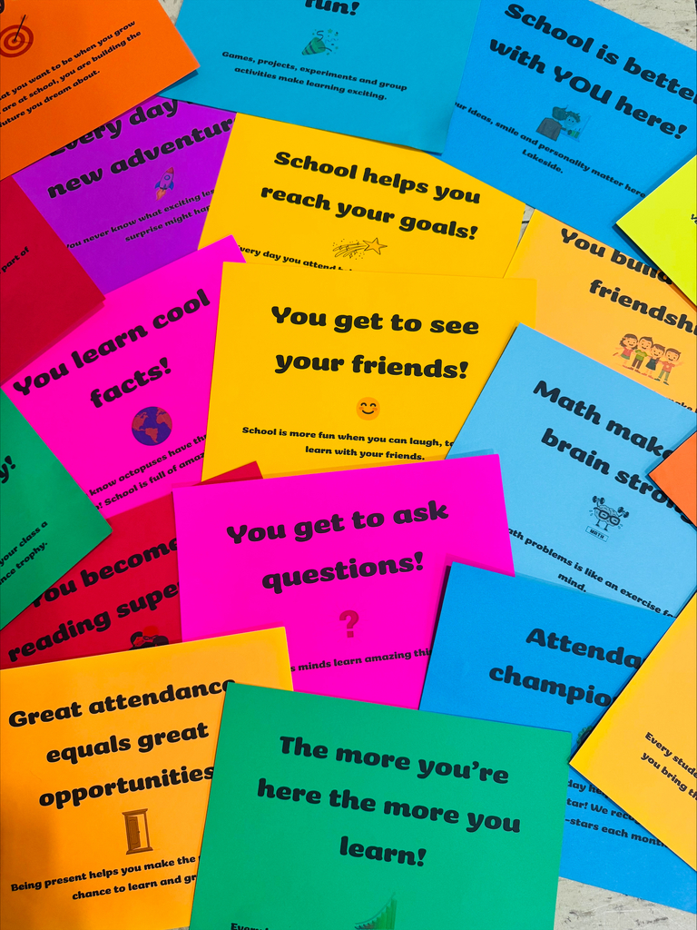Multi color signs that have top 20 reasons attendance is important. 