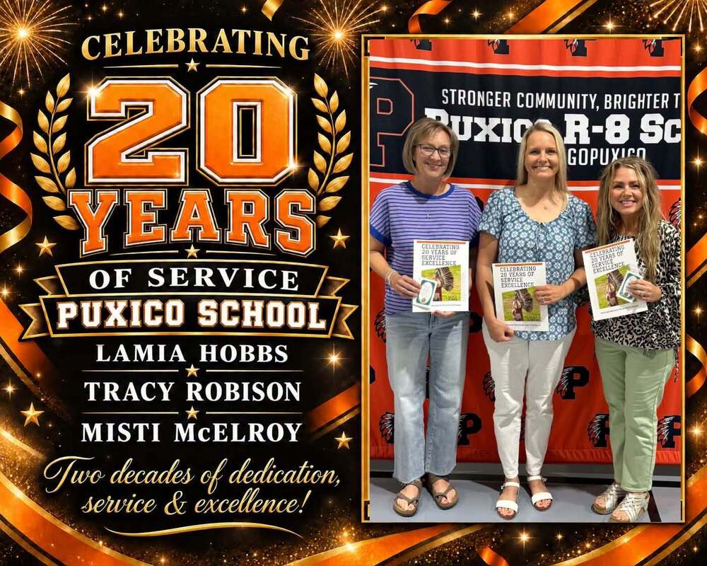 🎉 Celebrating 20 Years of Service!  Two decades each. Sixty combined years of service. Generations of Puxico students blessed by their work. 🧡🖤 The Puxico CEA and Puxico R-8 School District are incredibly proud to honor Lamia Hobbs, Tracy Robison, and Misti McElroy for 20 years of dedicated service to public education. Throughout the years, these remarkable educators have shared their knowledge, experience, and joyful personalities with countless students, families, and colleagues. Their steady dedication and deep understanding of public education have made them trusted mentors, valued leaders, and an important part of the Puxico R-8 family. Twenty years represents thousands of school days filled with lessons taught, challenges overcome, smiles shared, and lives changed. Their influence reaches far beyond the classroom and will continue through the many students whose lives are better because of them. We are truly grateful for their service and the lasting impact they have made.  Congratulations, Mrs. Hobbs, Mrs. Robison, and Mrs. McElroy! We are so fortunate to have you at Puxico R-8 School!