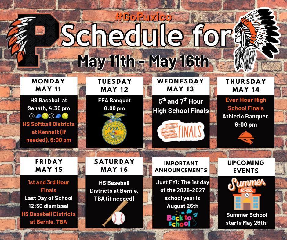 Here are our events for the final week of school!