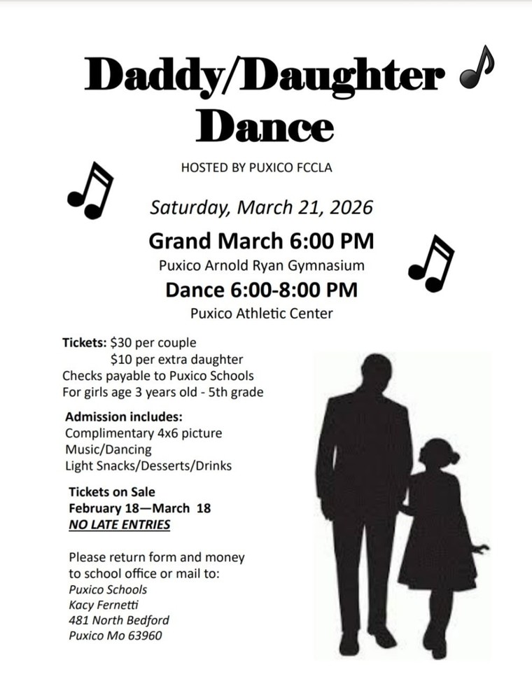 We are 2 weeks away from the FCCLA Daddy/Daughter dance! Forms can be accepted up until Friday, March 20th. We are looking forward to a fun night!