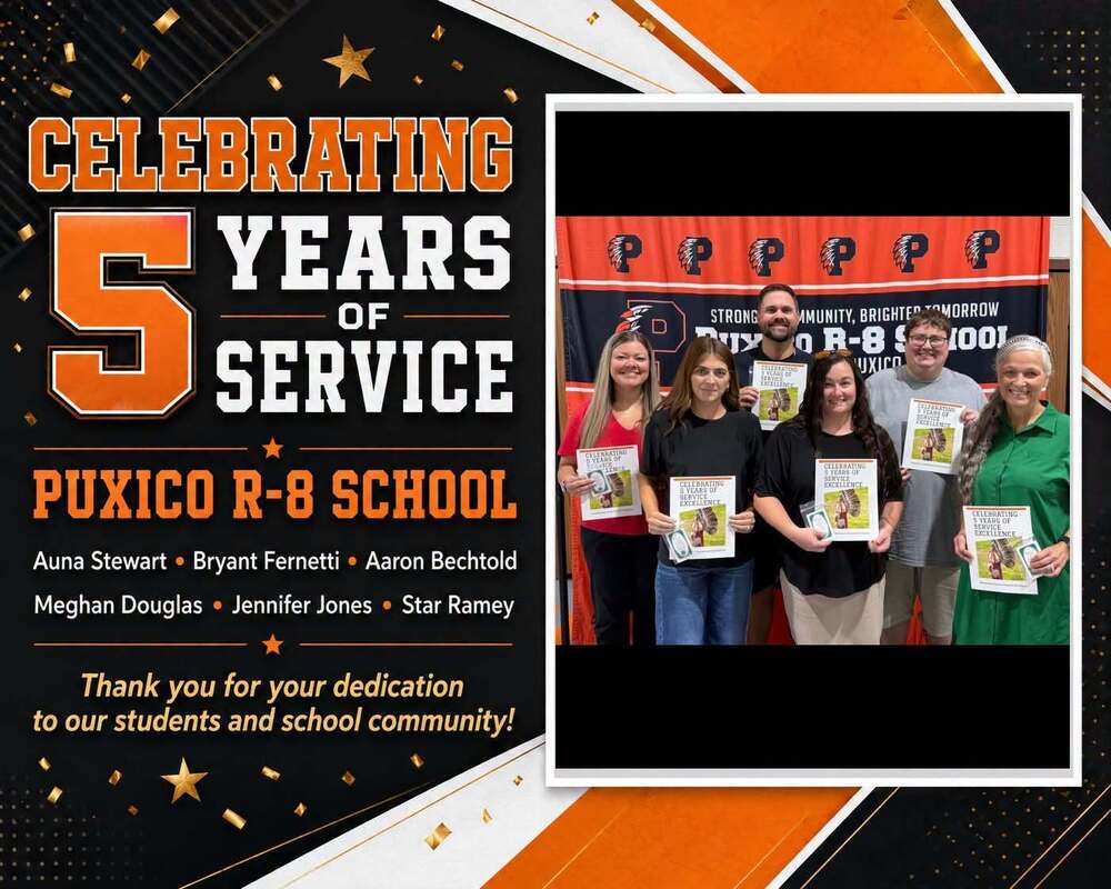 Celebrating 5 Years of Service! 🎉 The Puxico CEA and Puxico R-8 School District proudly recognize Auna Stewart, Bryant Fernetti, Aaron Bechtold, Meghan Douglas, Jennifer Jones, and Star Ramey for five years of dedicated service! These outstanding staff members serve our district in many important roles, but they share one common purpose—a commitment to supporting our students and school community. Thank you for the time, talent, and heart you have invested in Puxico R-8 School District. We appreciate each of you and look forward to many more years together! 🧡🖤