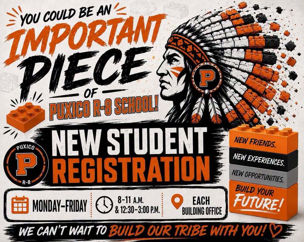 NEW TO THE PUXICO SCHOOL DISTRICT? YOU COULD BE AN IMPORTANT PIECE OF PUXICO PRIDE! 🖤🧡 We are excited to welcome new students and families to Puxico R-8 School! If your student will be joining us for the 2026-2027 school year, we encourage to get enrolled now! First day of classes is Wednesday, August 26. 📅 Monday- Friday ⏰ 8:00–11:00 a.m. & 12:30–3:00 p.m. 📍 Each Building Office 🎒 All Grade Levels Parents/guardians should bring the following documents if available: ✅ Proof of Residency (current property tax statement, property deed or mortgage payment statement, electric bill in parent’s name, real estate contract, legal property description, rental agreement. No cell phone or internet statements allowed) ✅ Student Shot/Immunization Record ✅ Birth Certificate ✅ Social Security Card New school. New friends. New experiences. New opportunities. 🧡🖤 📱 Call us if you have any questions: Puxico Elementary 573-222-3542 Puxico JH 572-222-3058 Puxico HS 573-222-3175 At Puxico, we believe every student is an important piece of what makes our school special. We can’t wait to meet our newest students and families and start building a great year together!